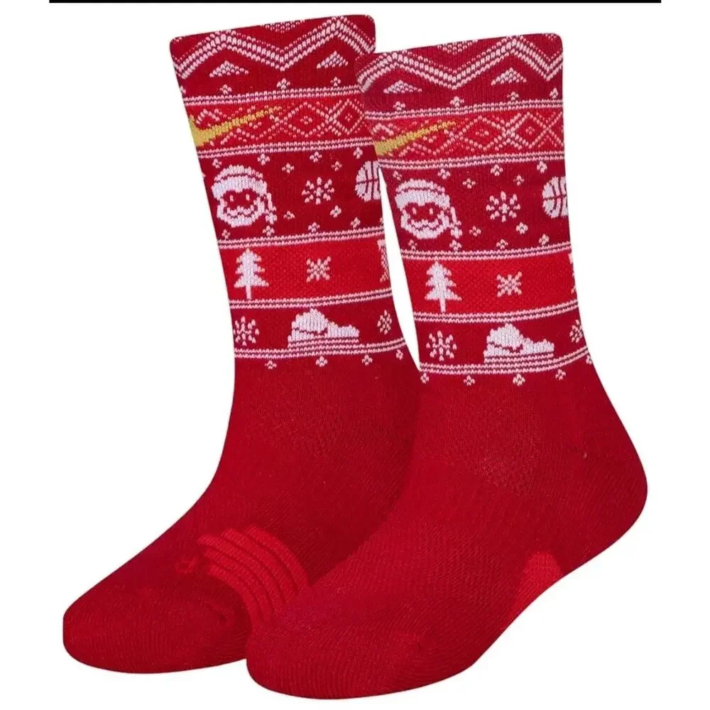 Christmas 2 Pairs Nike Elite Socks Youth 10C-3Y Red And Green Crew Basketball